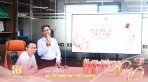 Đại diện Kinh Bắc Land phát biểu tại buổi gặp mặt chào mừng Ngày Phụ nữ Việt Nam